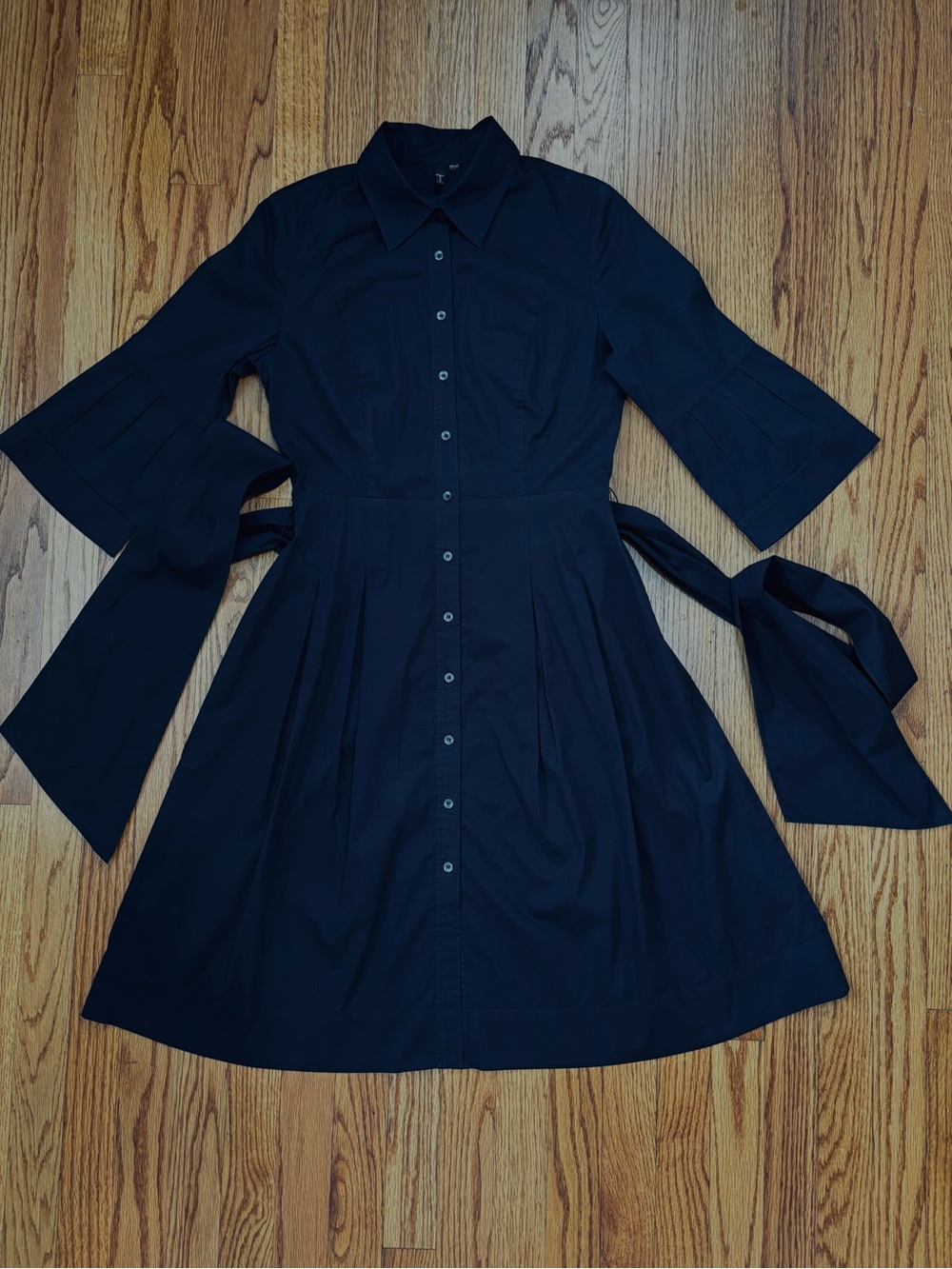 T Tahari Office black cotton button up 3/4 long sleeve belted A-line shirt dress - Picture 15 of 16